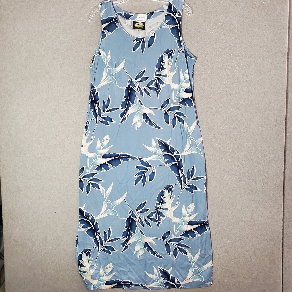 Paradise Bay Women Dress Large Blue Floral Hawaiian Sleeveless‎ Tank 90s